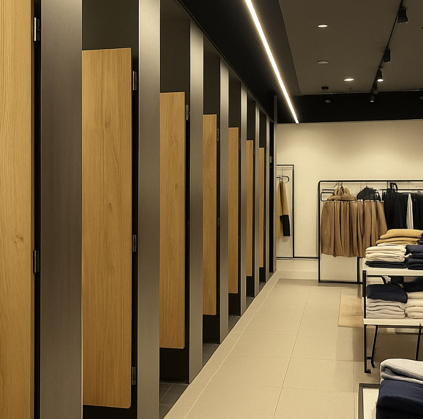 Probadores con frentes de madera e iluminación lineal