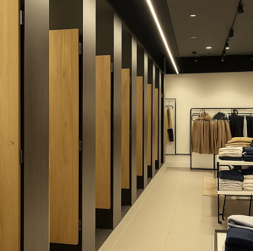 Probadores con frentes de madera e iluminación lineal