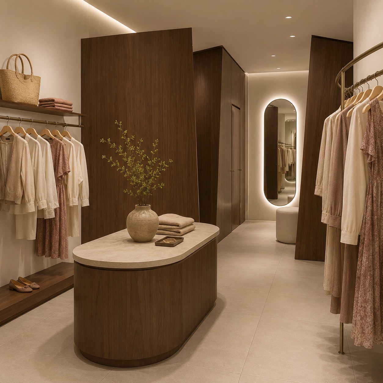 Interior de boutique con probador y espejo ovalado retroiluminado