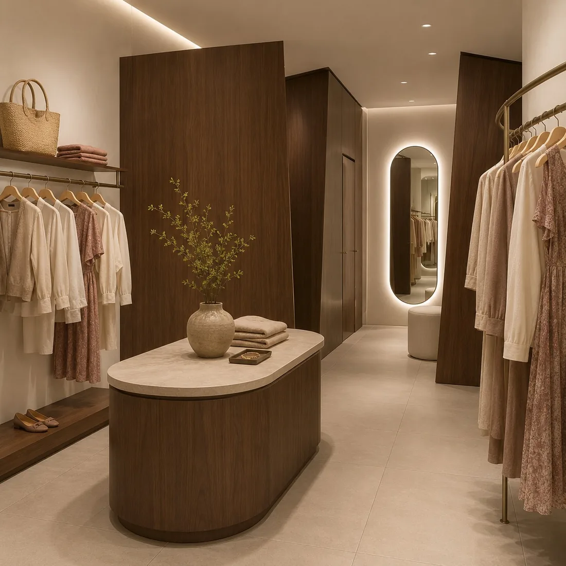 Interior de boutique con probador y espejo ovalado retroiluminado