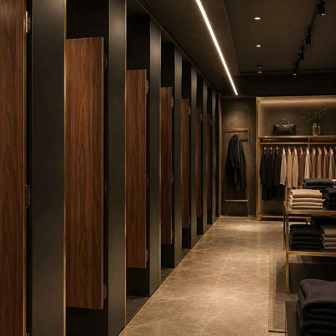 Probadores de estilo oscuro con puertas de madera y detalles en dorado